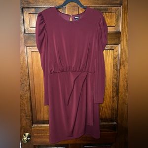 Express Burgundy Crew Neck Puff Sleeve Wrap Mini Sheath Dress